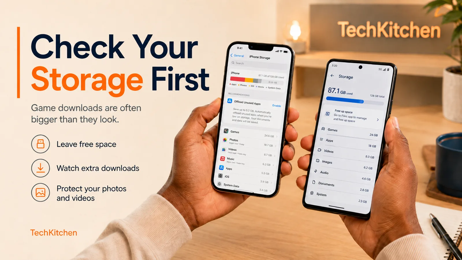 Phone storage screen with gaming files and media taking up space
