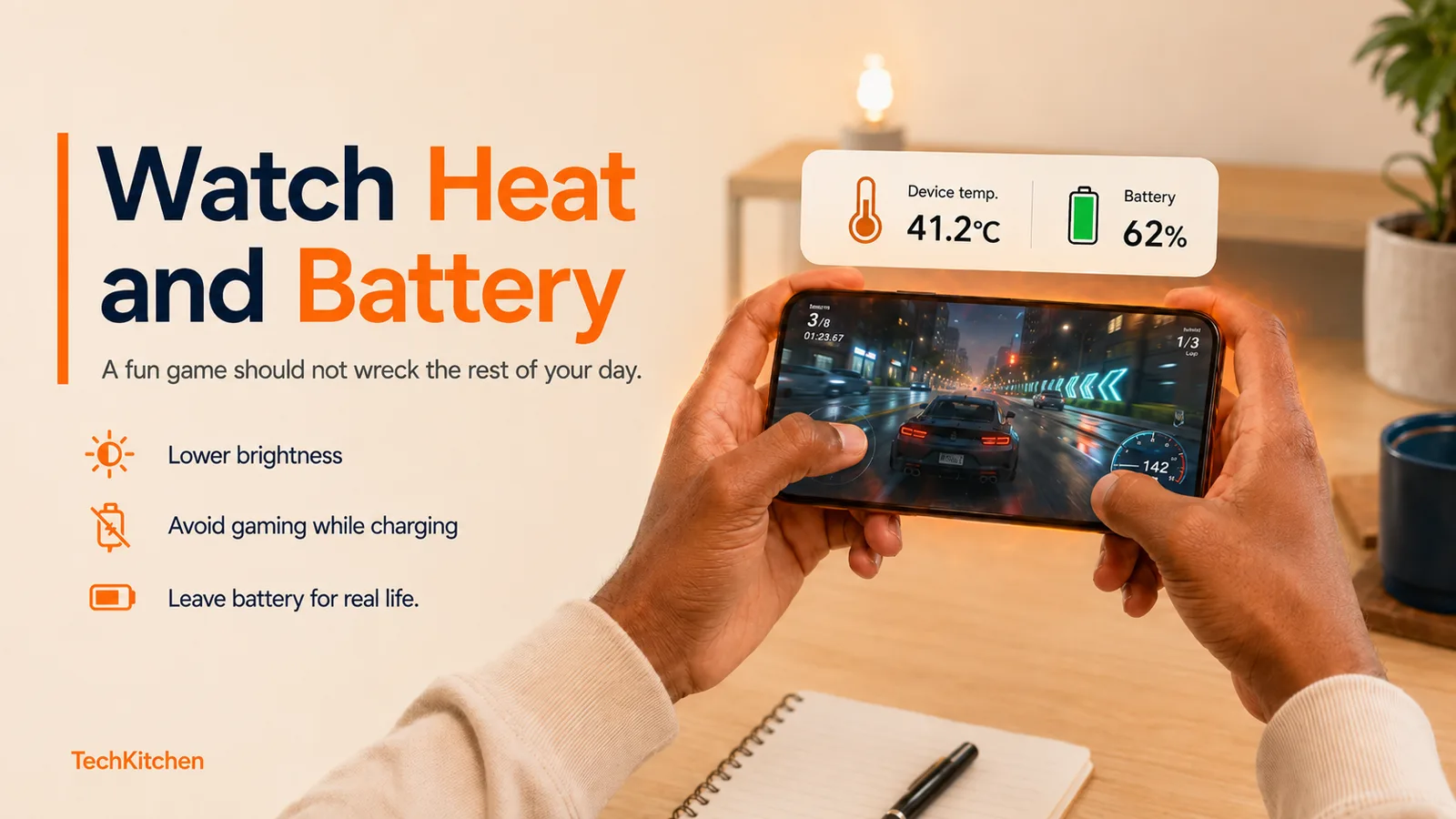 Phone gaming session showing battery drain and heat warning