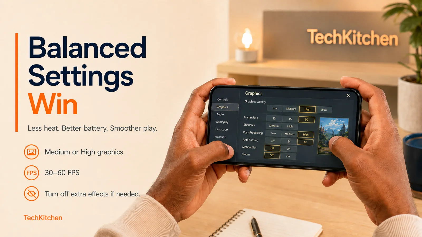 Balanced mobile game settings for graphics, frame rate, and battery life