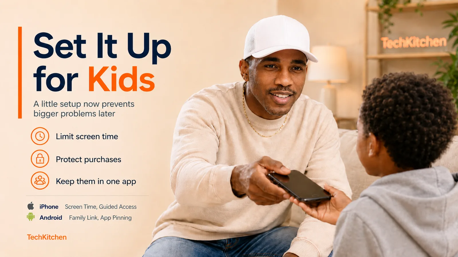 Family-friendly phone gaming setup with screen time and purchase controls