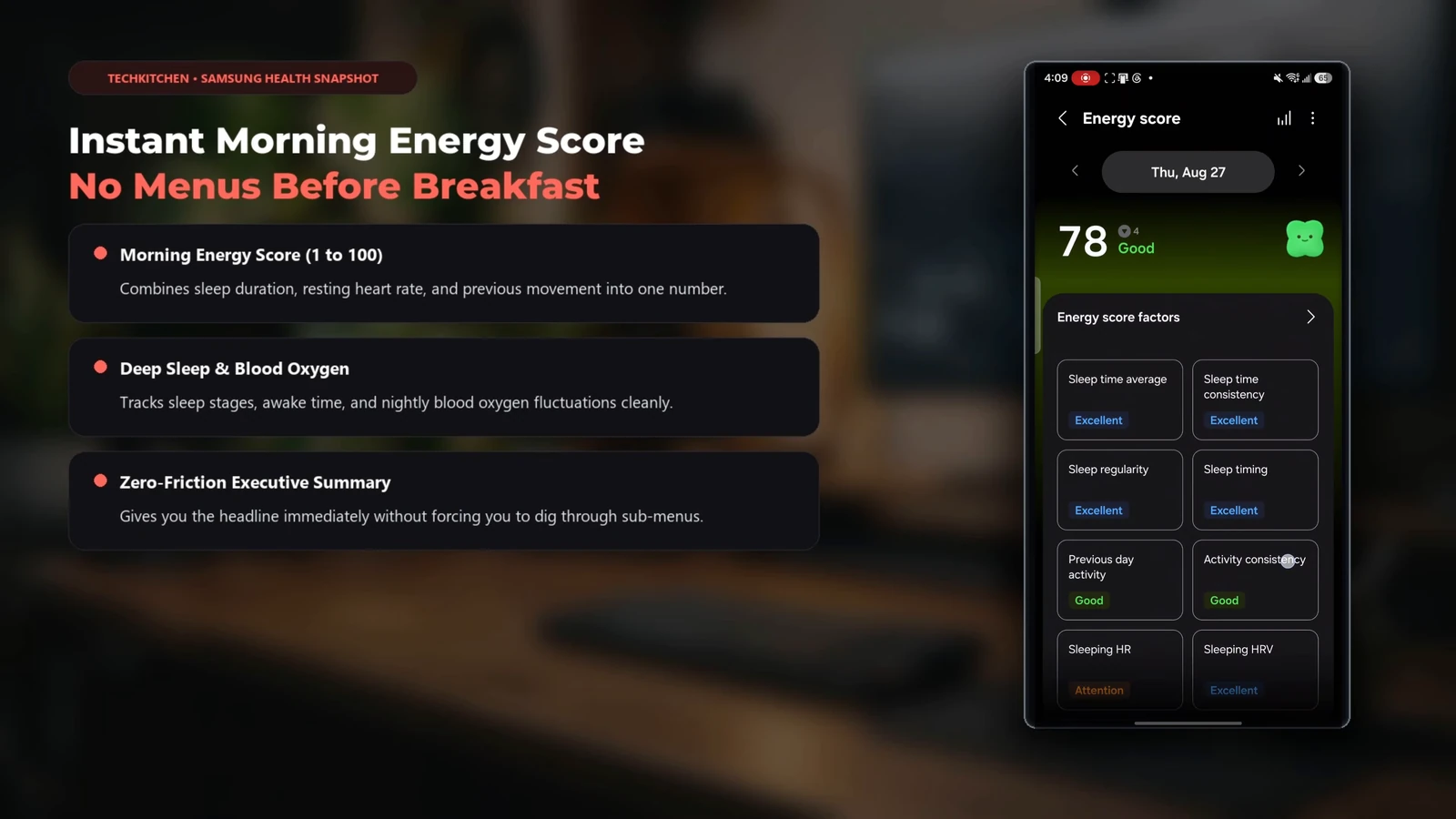 Samsung Health Energy Score screen showing a score of 78 with sleep time, sleep regularity, and activity consistency factors