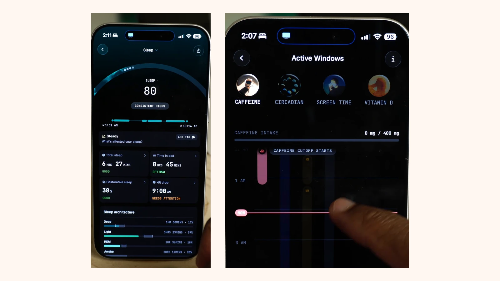 Ultrahuman app showing a sleep score of 80 with sleep architecture breakdown, beside the Active Windows screen tracking caffeine intake and cutoff time