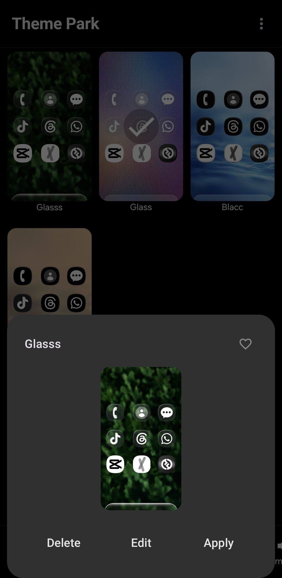 Theme Park gallery showing the saved Glass recipe with Apply button