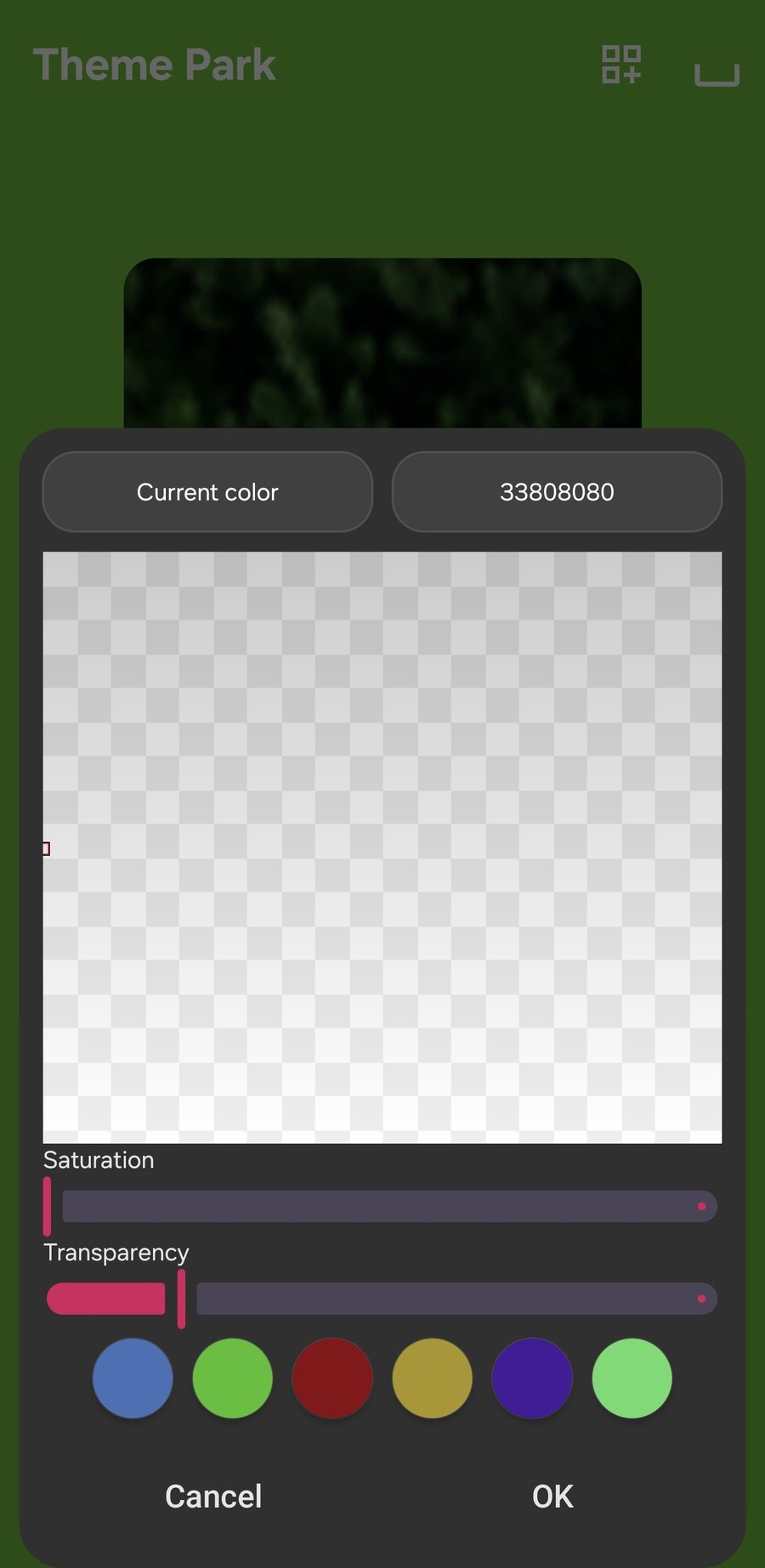 Theme Park color picker showing the glass color with transparency
