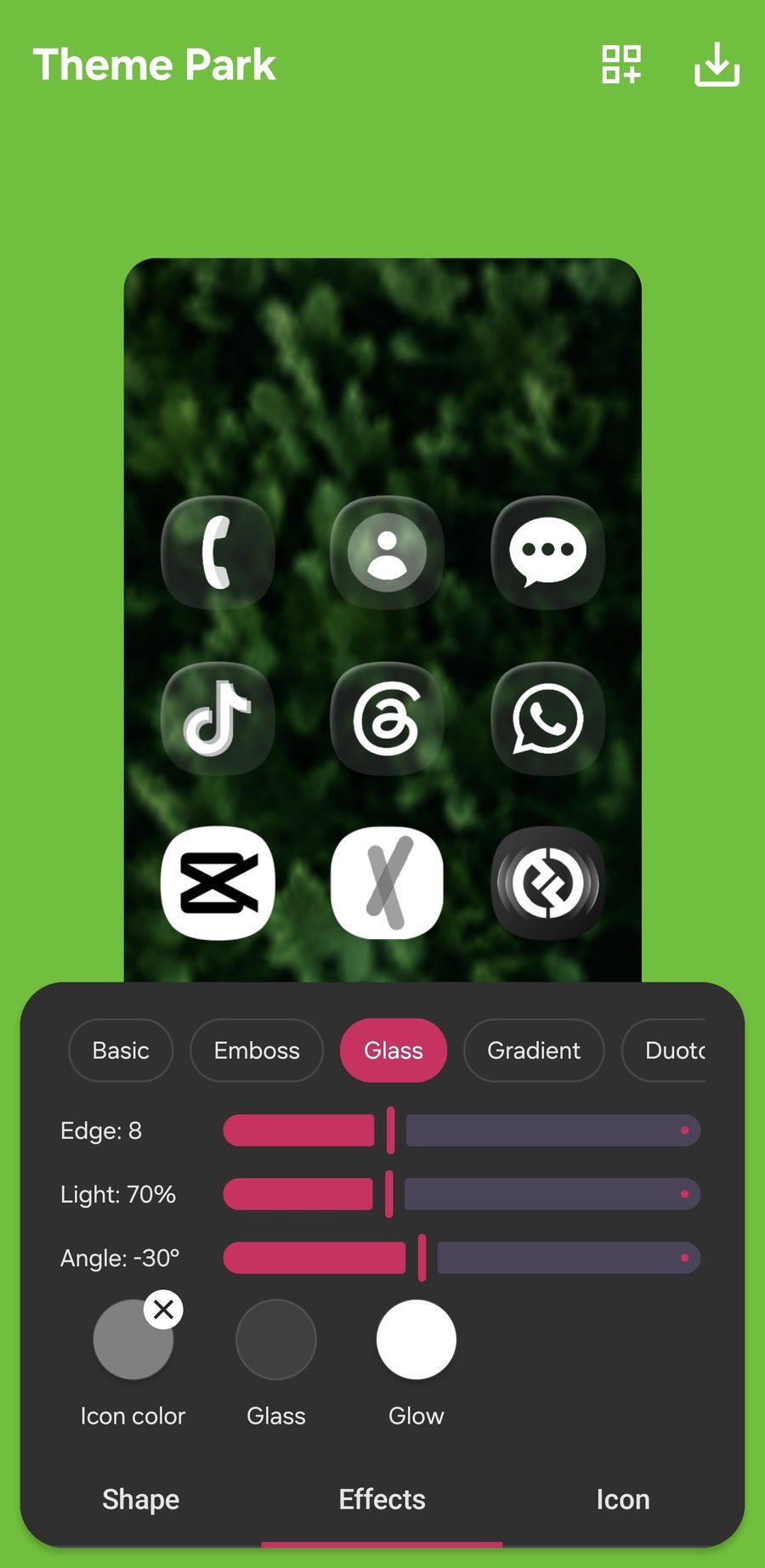 Theme Park Effects tab with Glass selected and sliders visible