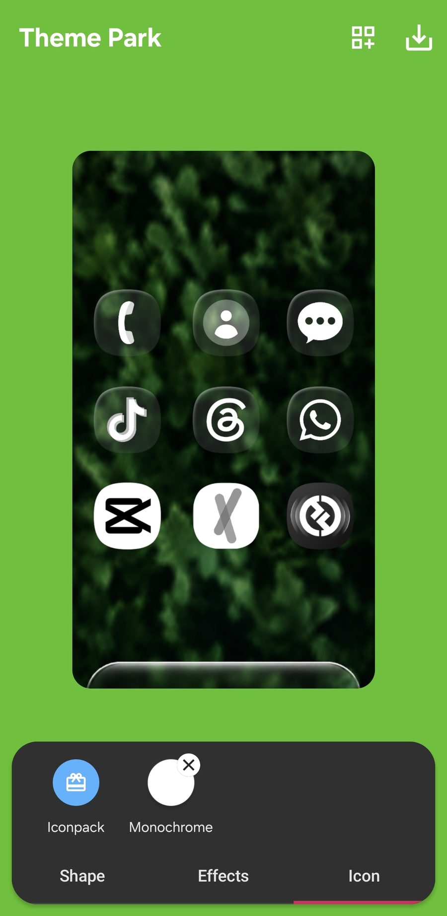 Theme Park Icon tab with Iconpack and Monochrome options