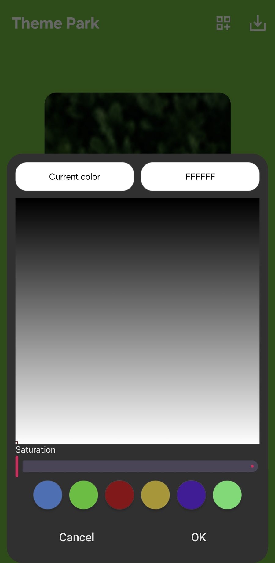 Theme Park color picker with hex code FFFFFF entered for the icon