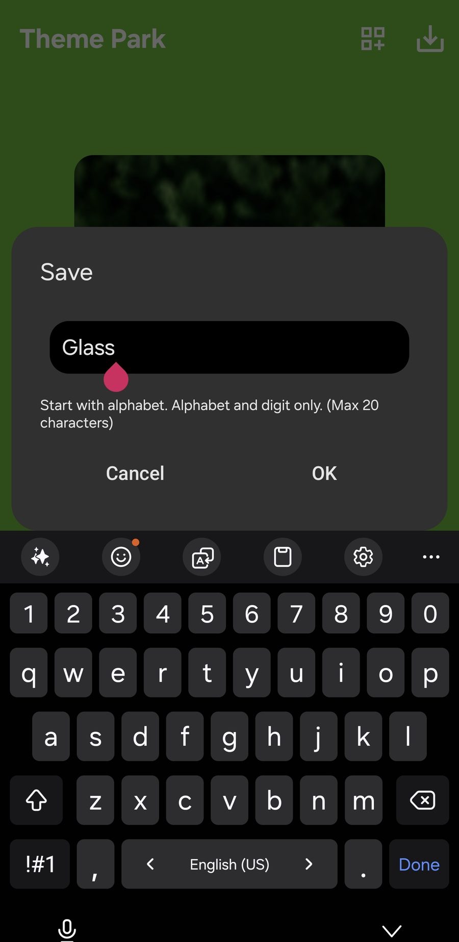 Theme Park Save dialog with the name field showing Glass