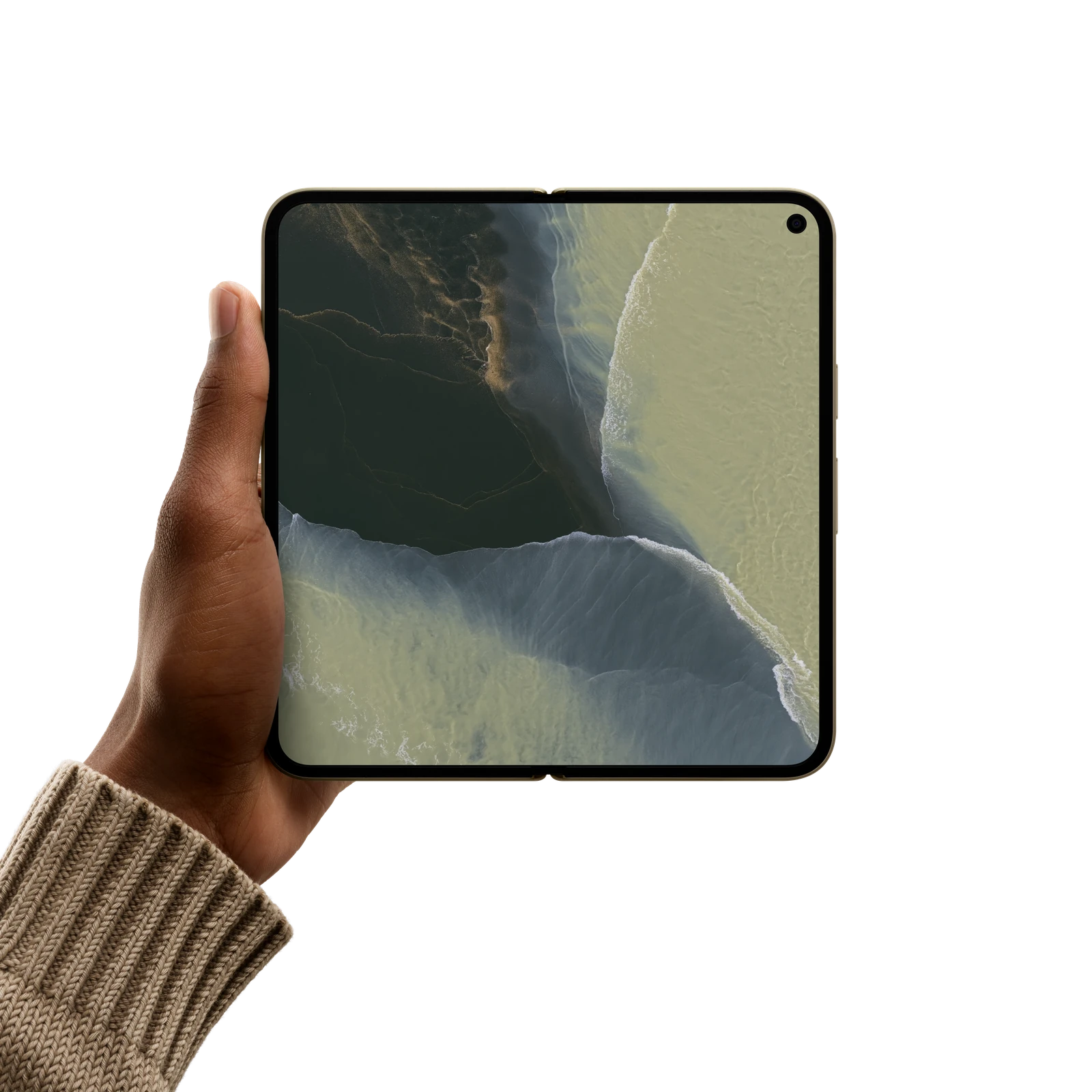 Pixel 11 Pro Fold opened in hand in Olive finish