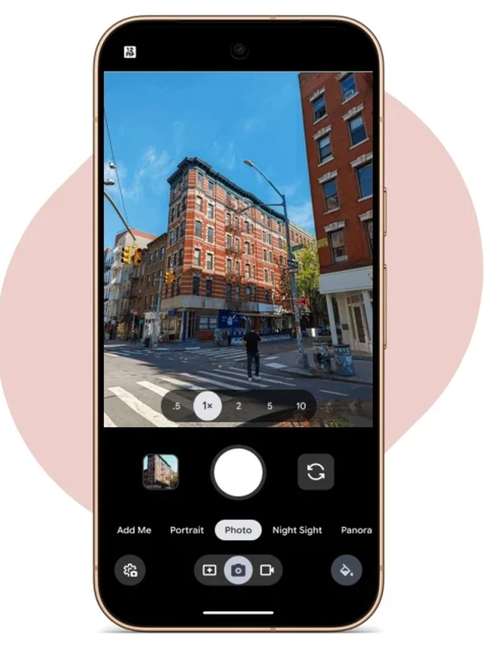 Pixel Camera viewfinder framing a street scene with the Camera Looks style control visible