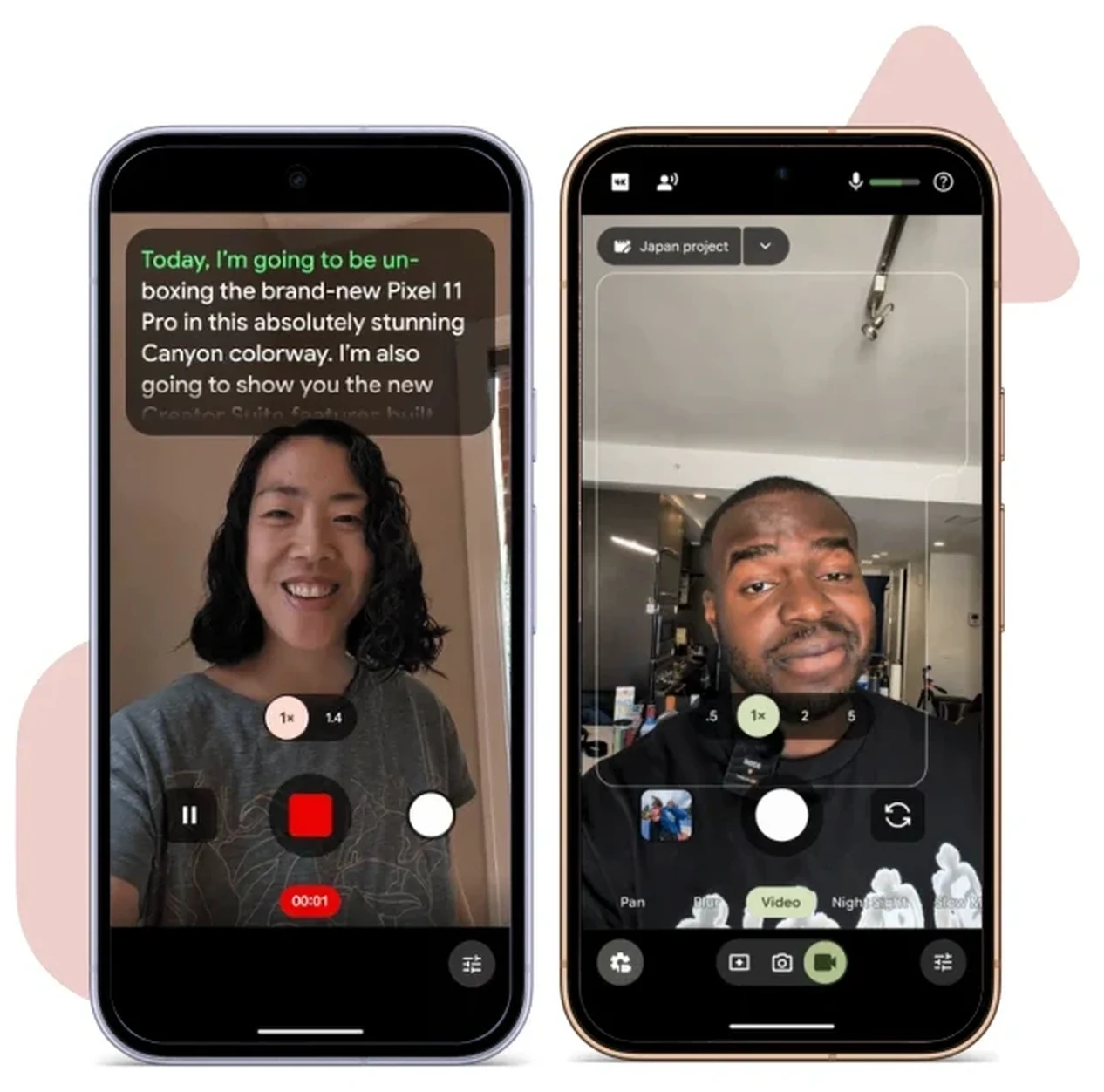 Pixel Camera recording to camera with the Creator Suite teleprompter overlay and audio meters on screen