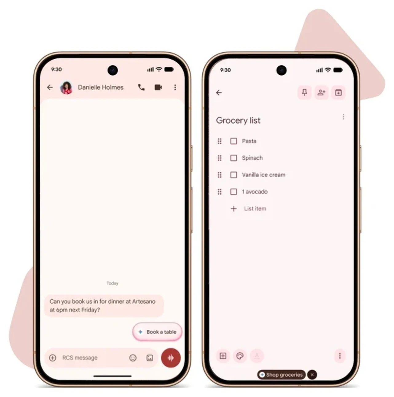 Google Messages threads showing a Gemini booking suggestion card and a generated grocery list