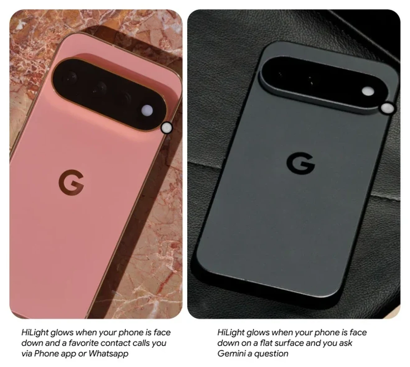Two Pixel 11 Pro phones face down with the HiLight LED glowing beside the camera bar