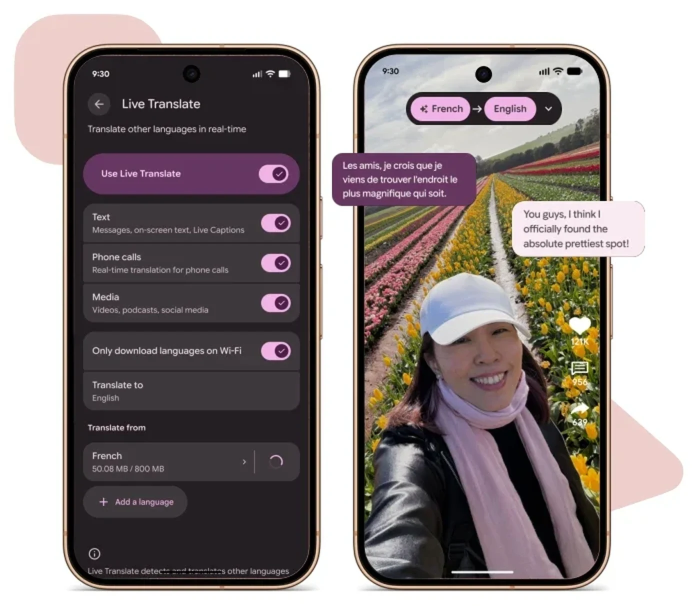 Live Translate language settings beside a video playing with translated dialogue on a Pixel 11