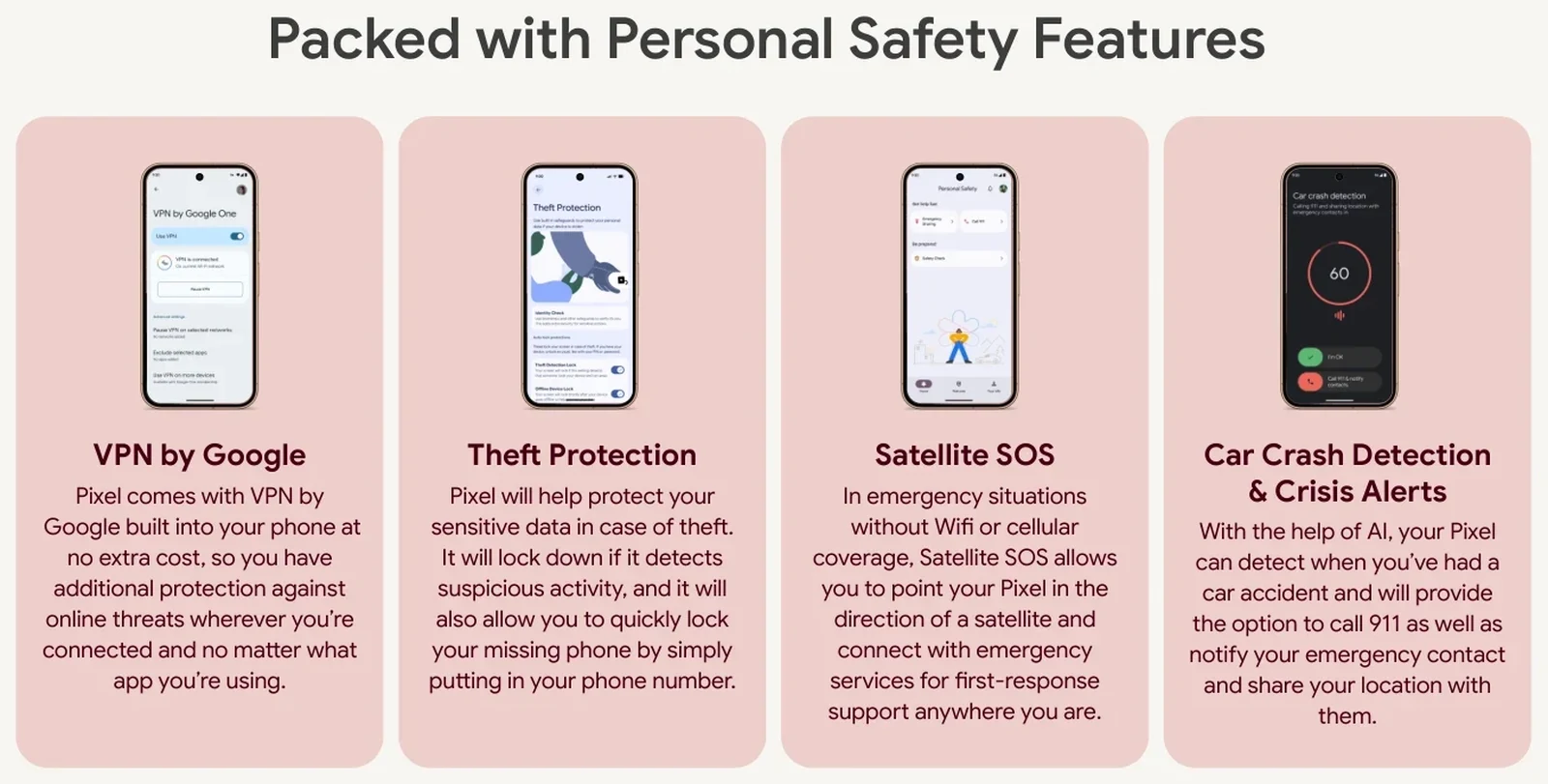 Four Pixel safety features side by side: VPN by Google, Theft Protection, Satellite SOS and Car Crash Detection