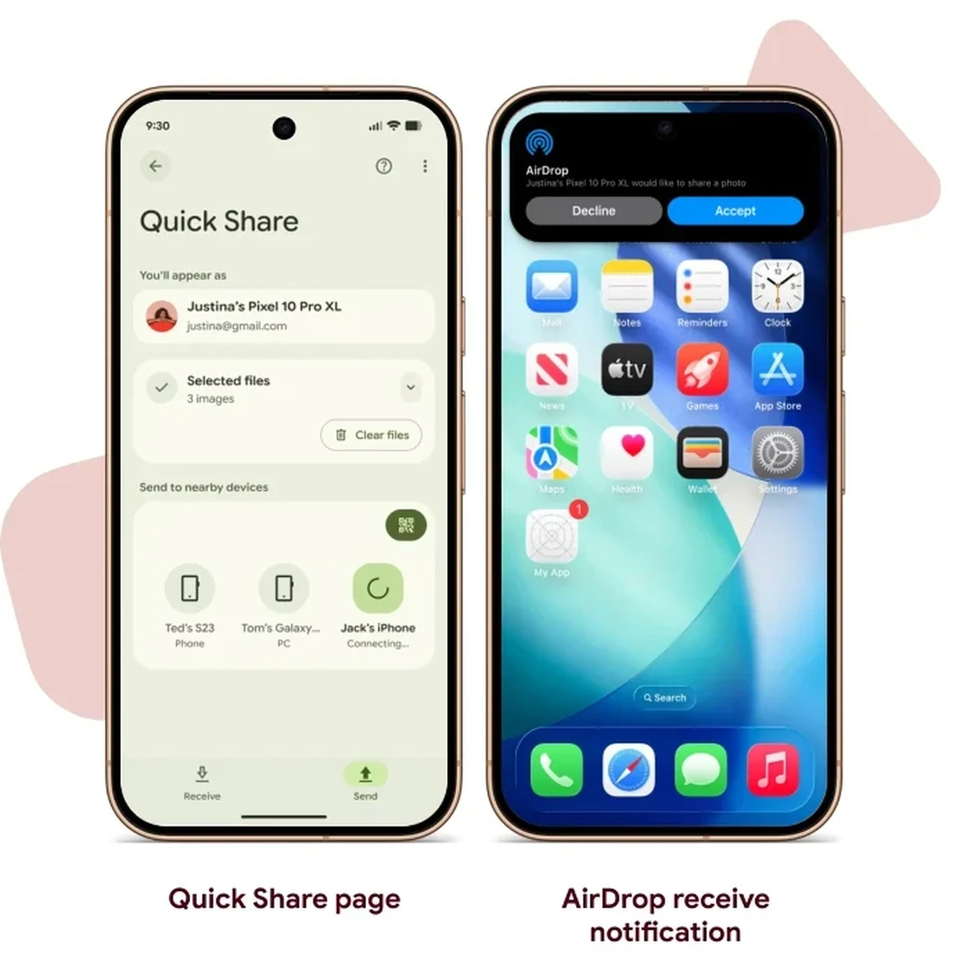 Quick Share sheet on a Pixel next to an AirDrop accept prompt on an iPhone home screen