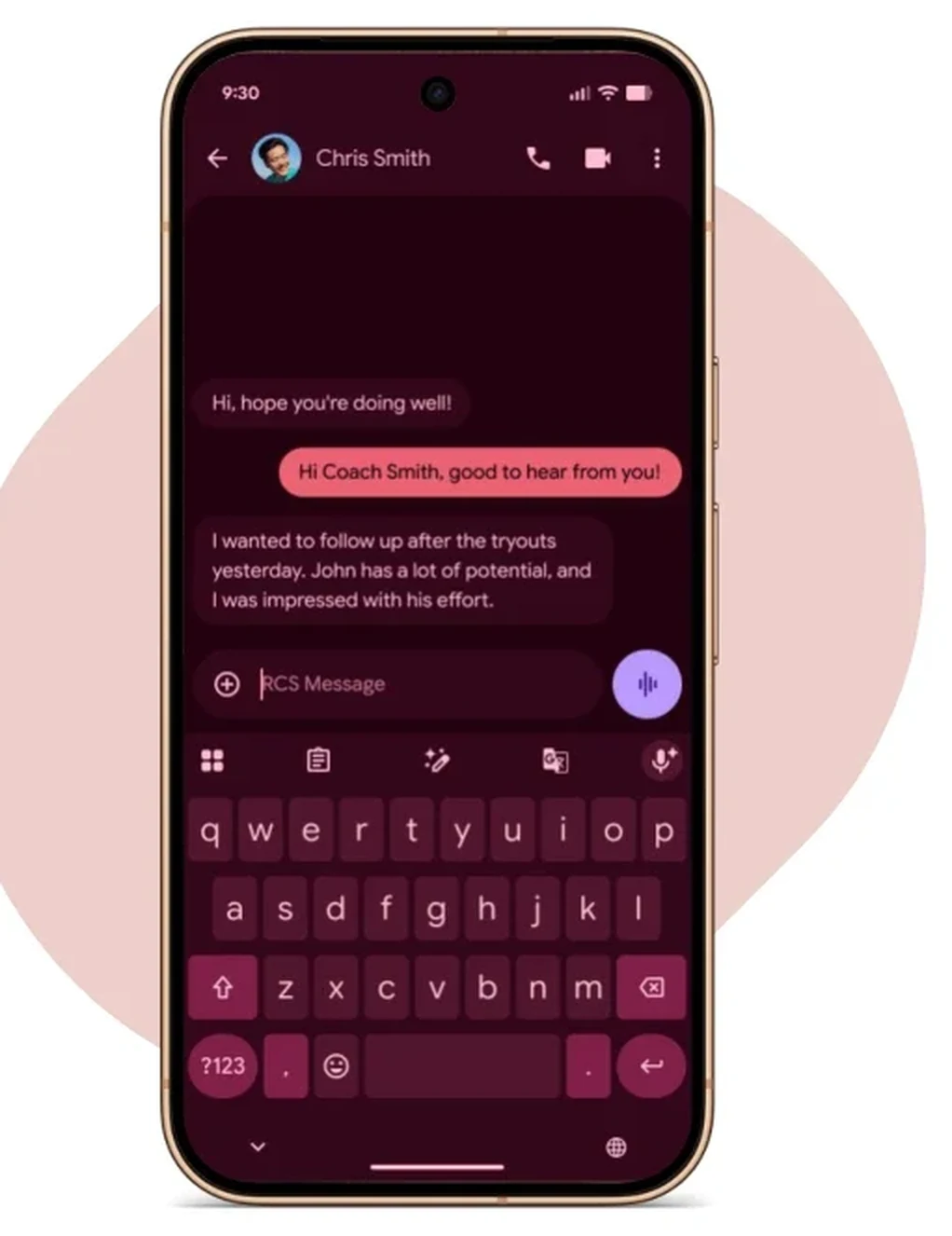 Gboard open in a Google Messages thread with the voice input microphone active