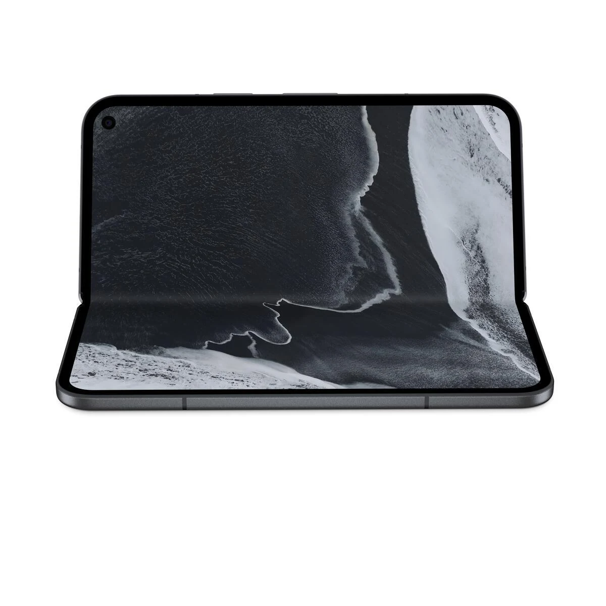 Google Pixel 11 Pro Fold in tabletop mode, half open on a flat surface in Obsidian