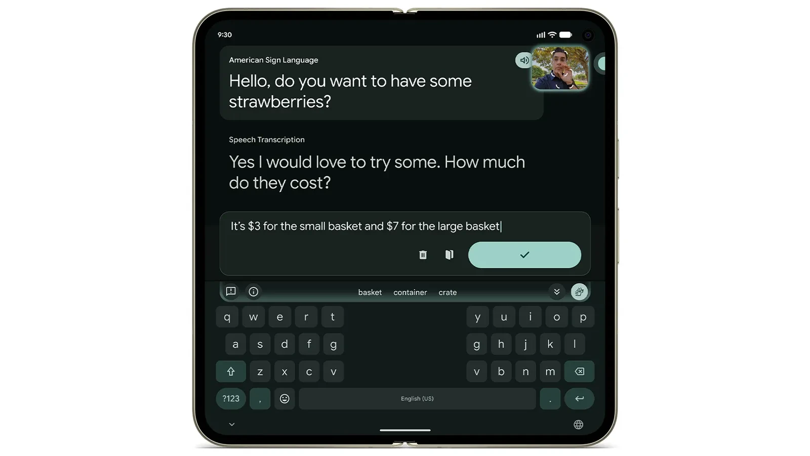 Sign to Text in Gboard translating American Sign Language