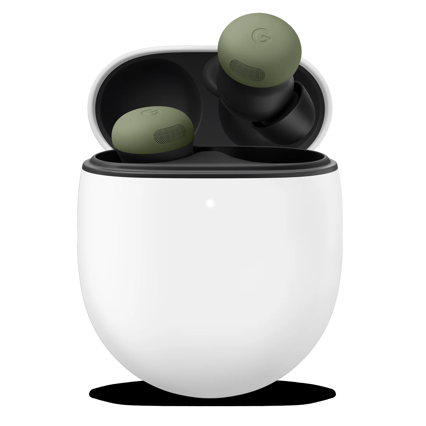 Google Pixel Buds in Olive resting in their open charging case