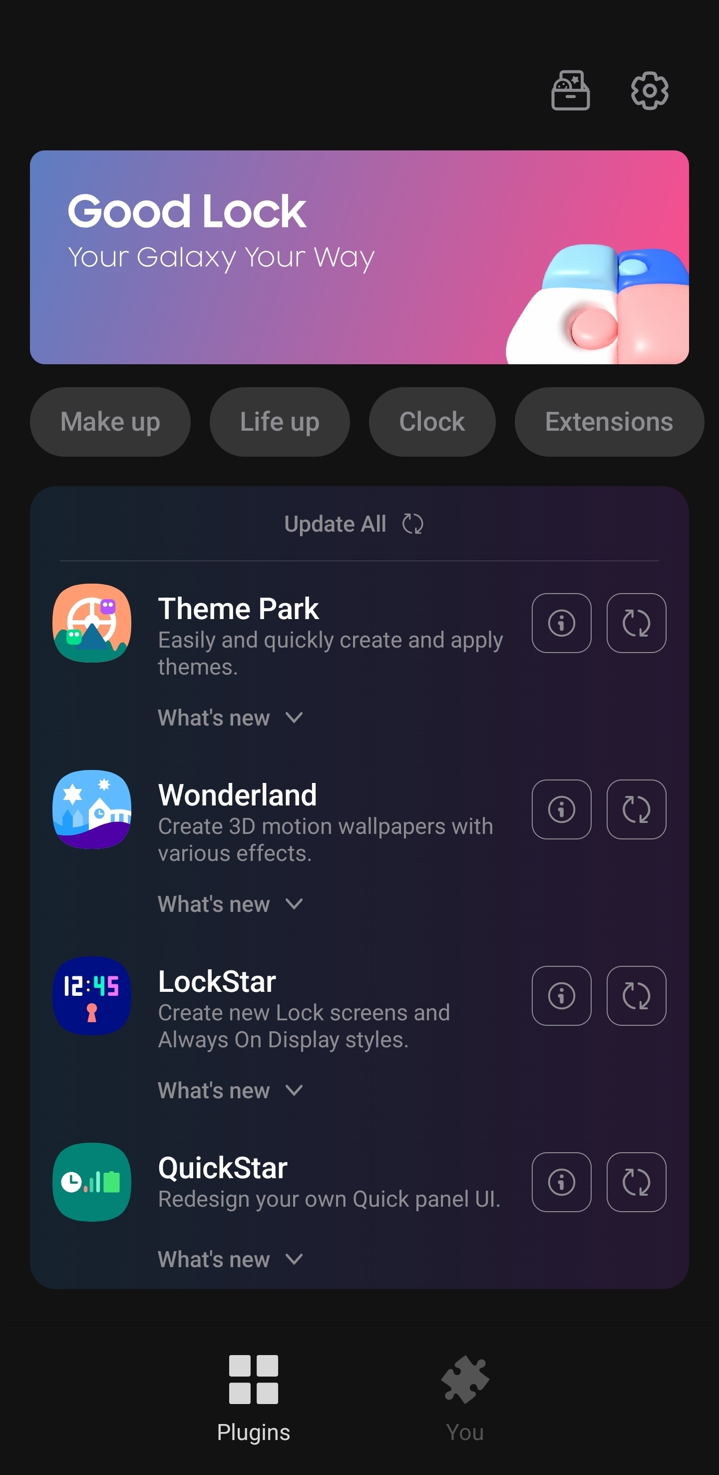 Good Lock plugins page with Theme Park visible