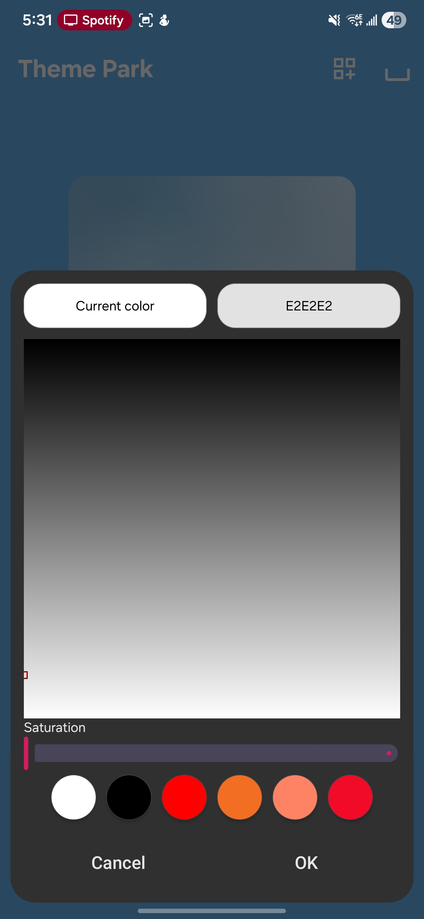 Theme Park color picker with hex code E2E2E2 entered