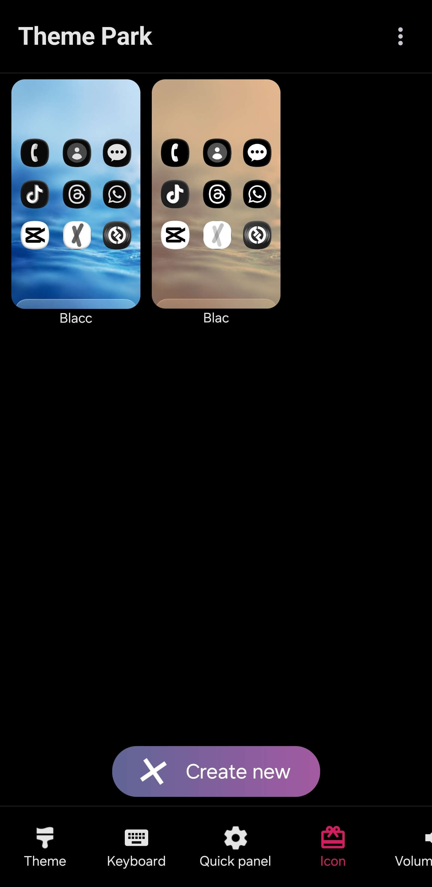 Theme Park home with Create new button