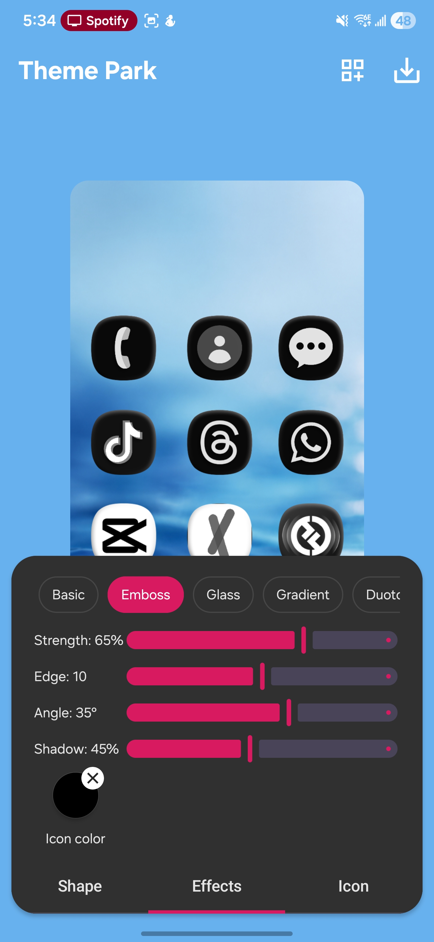 Theme Park Effects tab with Emboss selected