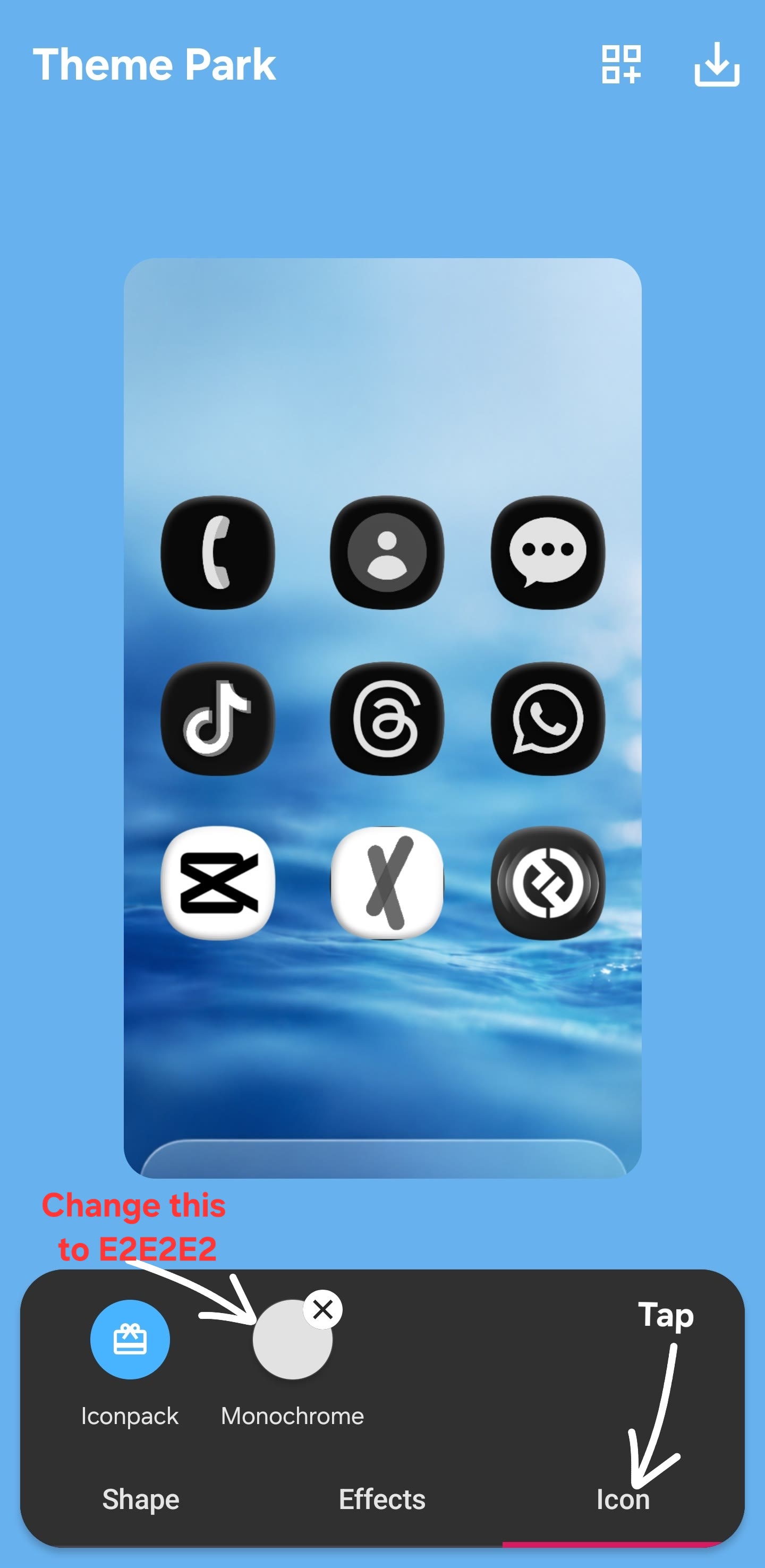 Theme Park Icon tab with Monochrome option visible