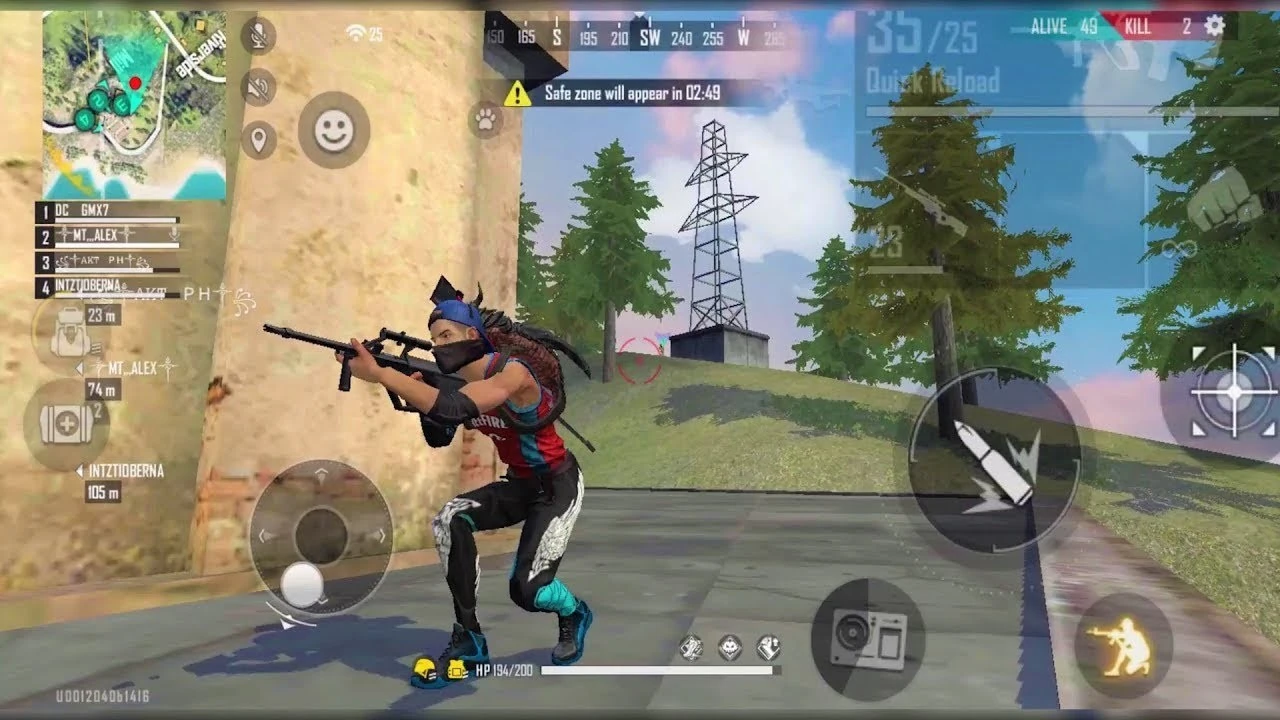 Free Fire gameplay showing a player taking cover with a rifle and the full touch control interface