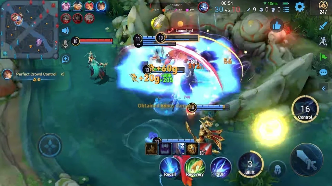 Honor of Kings gameplay showing a team fight with spell effects, minimap and ability buttons
