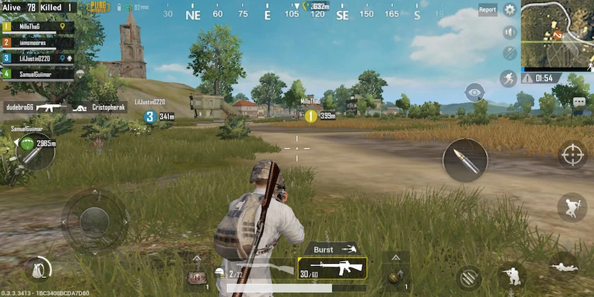 PUBG Mobile gameplay with a player moving toward a village, minimap and touch controls visible