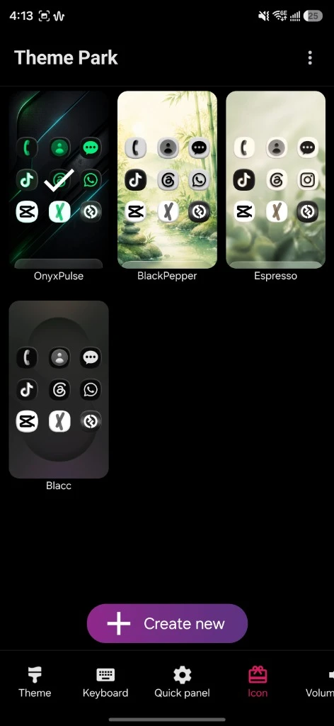 Theme Park gallery with OnyxPulse recipe selected and ready to apply