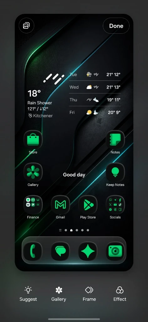 Actual home screen setup showing icon alignment with the Onyx Pulse dock