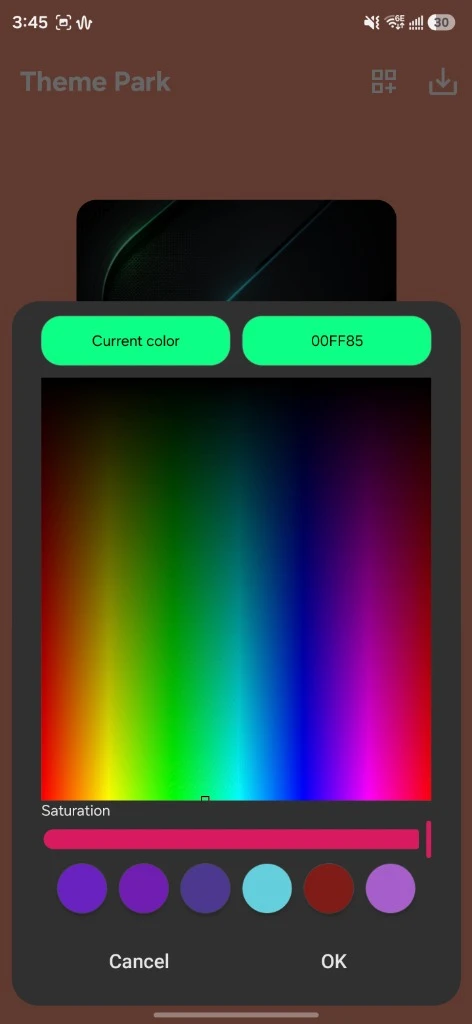 Theme Park color picker with hex code 00FF85 entered for the emboss highlight color