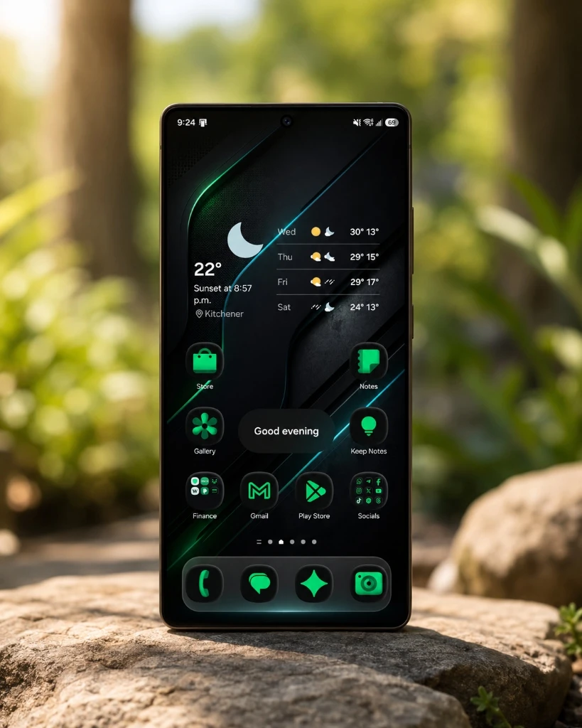 Samsung phone in a lush green garden setting showing the Onyx Pulse home screen