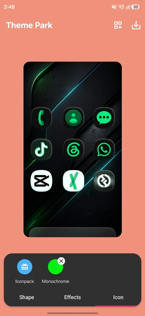 Theme Park editor with Icon tab and Monochrome button selected