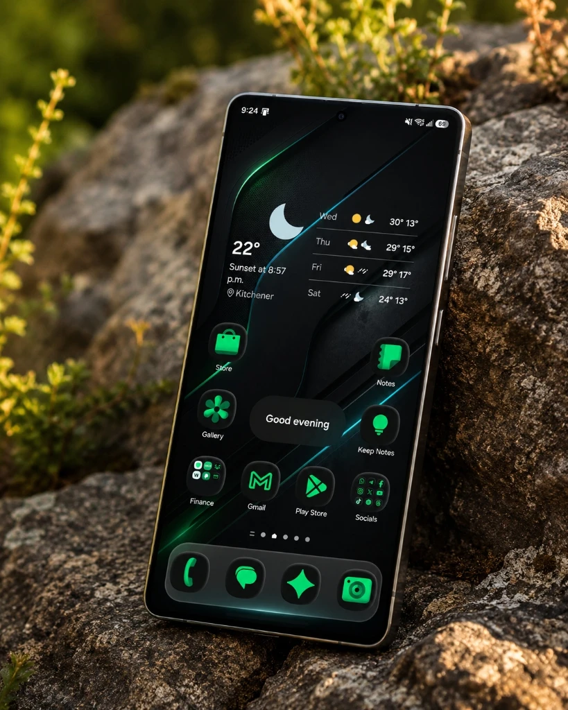 Samsung phone resting on a rock showing the Onyx Pulse setup details