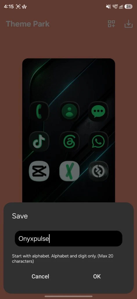 Theme Park Save dialog with the name Onyxpulse entered