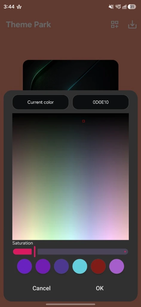 Theme Park color picker with hex code 0D0E10 entered for the squircle background color