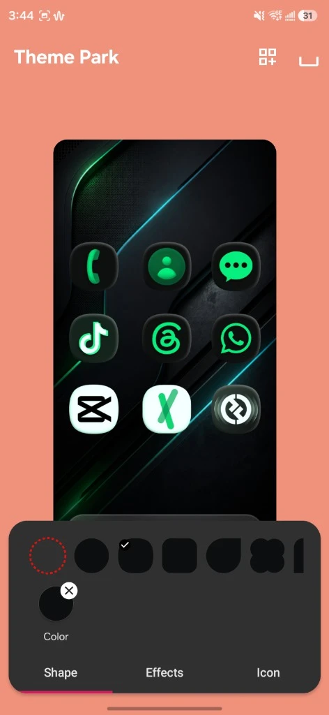 Theme Park Shape tab with the squircle shape selected
