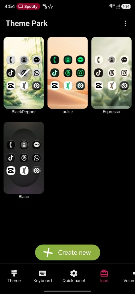 Theme Park gallery showing the saved BlackPepper recipe applied with check mark