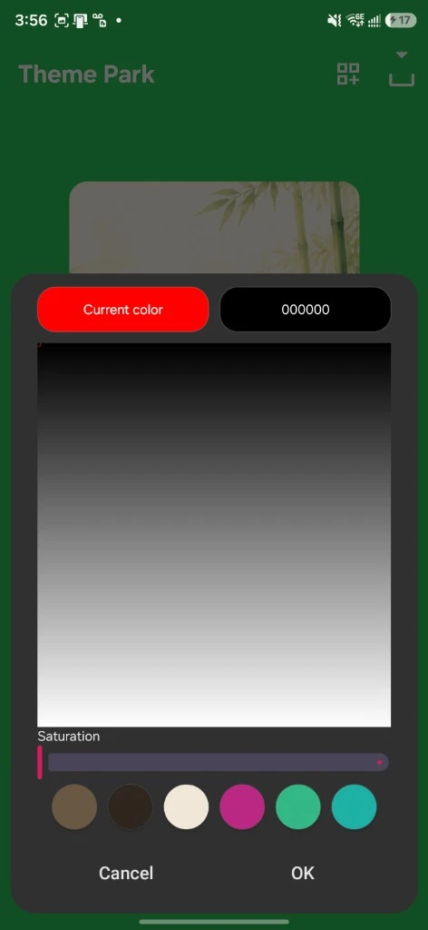 Theme Park color picker with hex code #000000 entered for the black symbol color