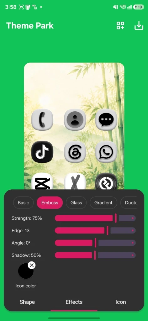 Theme Park Emboss settings: Strength 75 percent, Edge 13, Angle 0 degrees, Shadow 50 percent, with black icon color