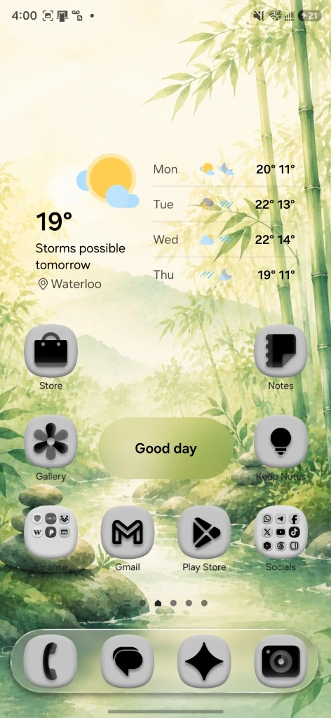 Samsung One UI home screen with soft grey clay icons and black symbols on a watercolor Zen Bamboo wallpaper