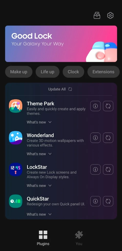 Good Lock app listing Theme Park module