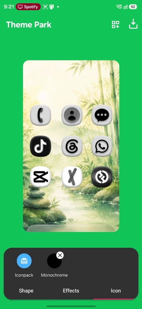 Theme Park editor with Icon tab and Monochrome button selected